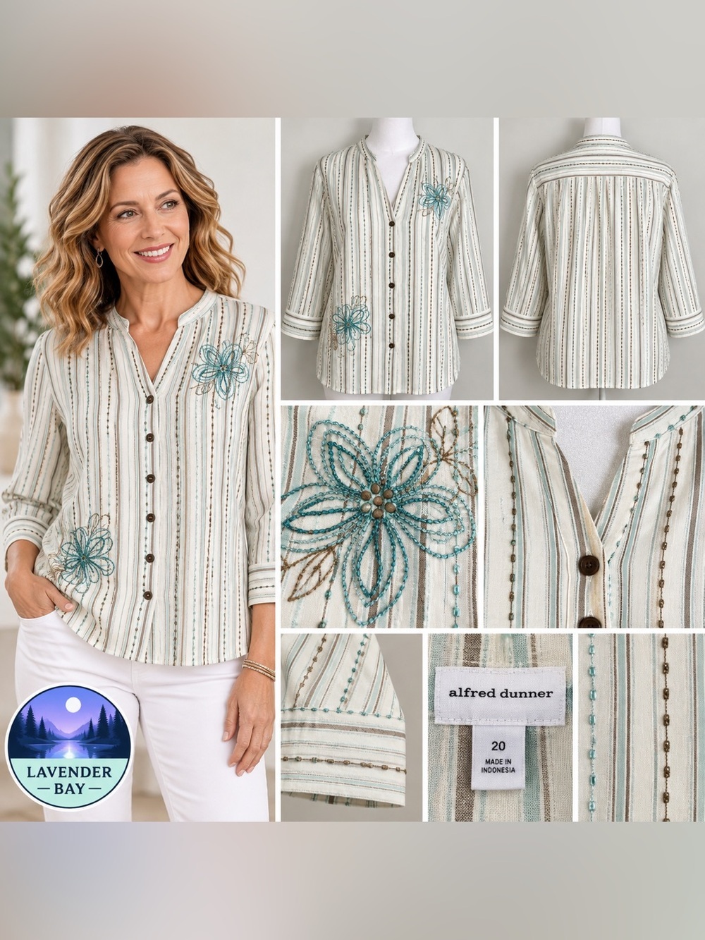 Alfred Dunner Turquoise & Brown Striped Top with Beaded Floral Accents Size 20